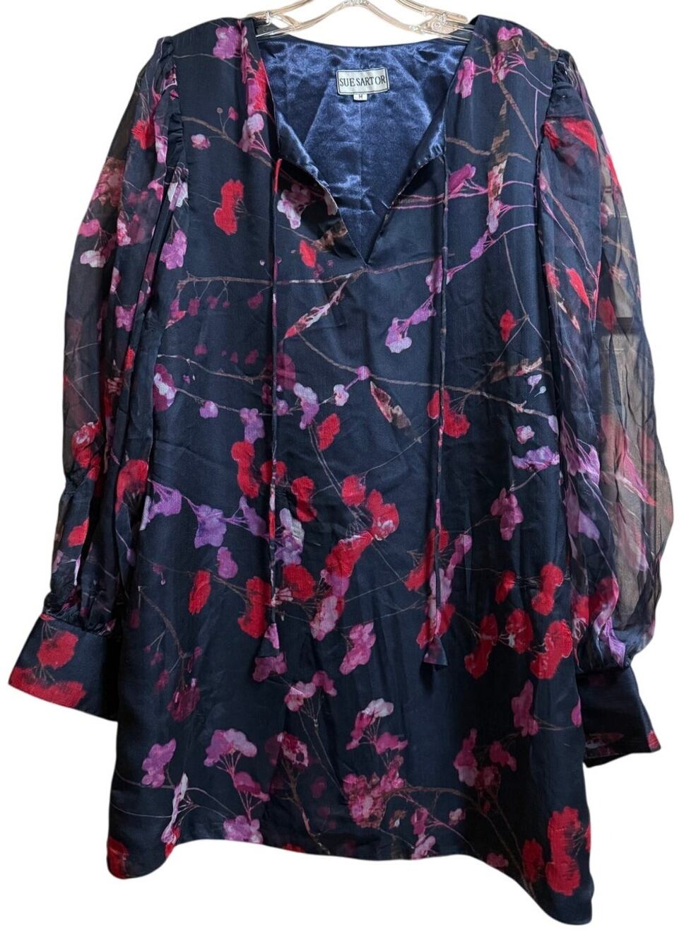 Vintage Sue Sartor Black & Red Floral Sheer Long Sleeve Mini Dress - M